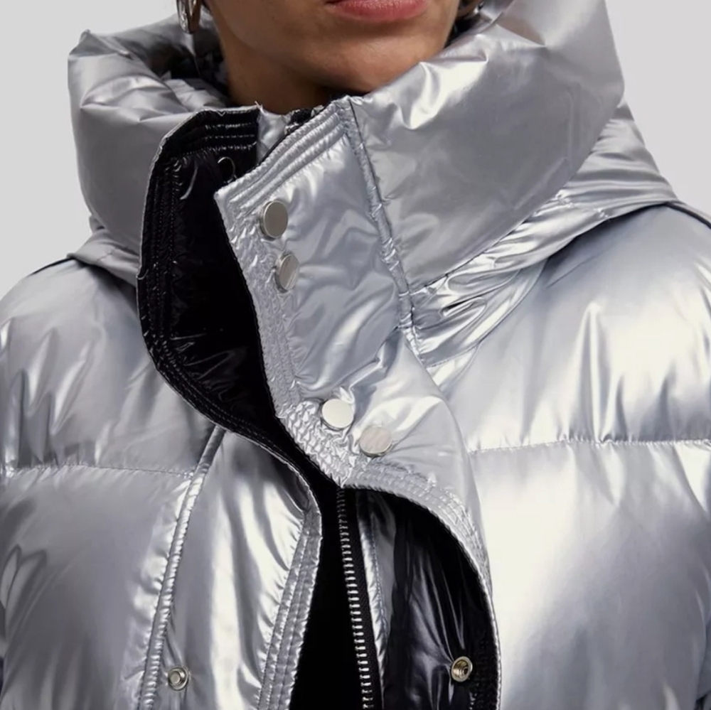 LIT Activewear Maxi Laser Long Parka Silver Metallic Down & Feather Y2K Jacket - Picture 8 of 15